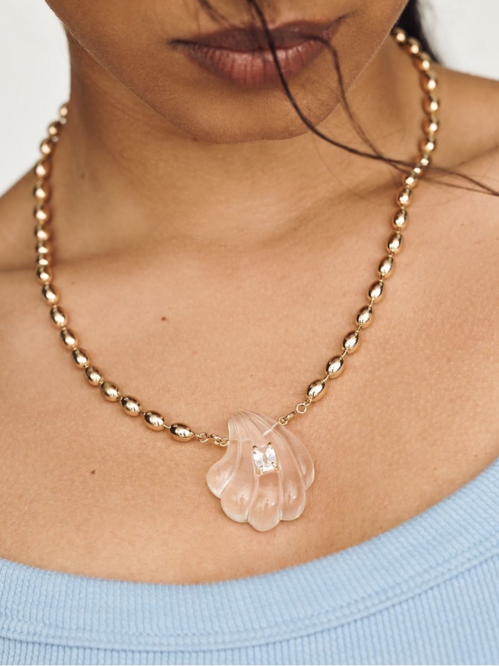 Anthropologie Gold Bead Necklace Clear Shell Pendant Necklace 16” Adjustable NWT